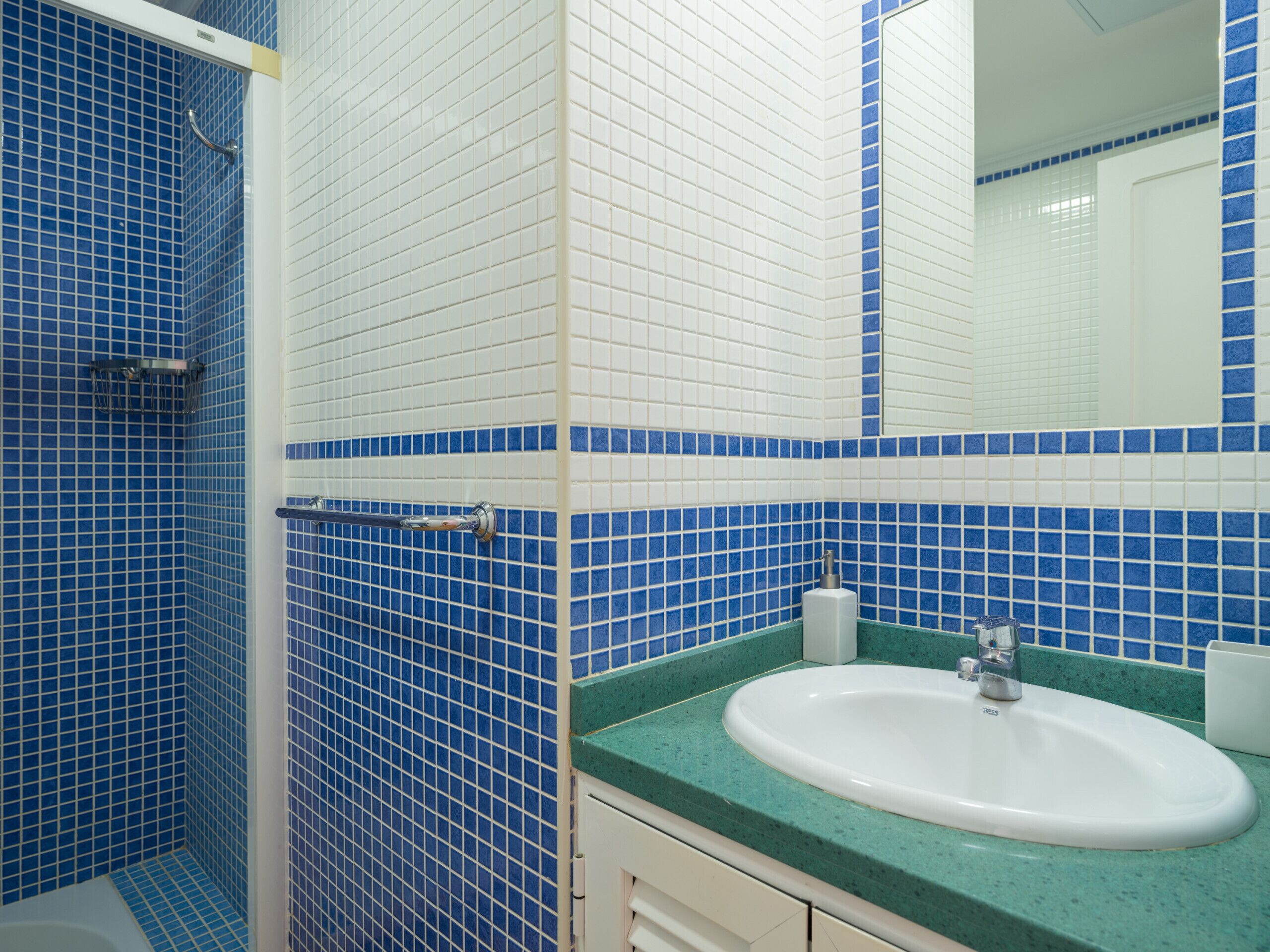 Shower, hair dryer, towels, toilet paper