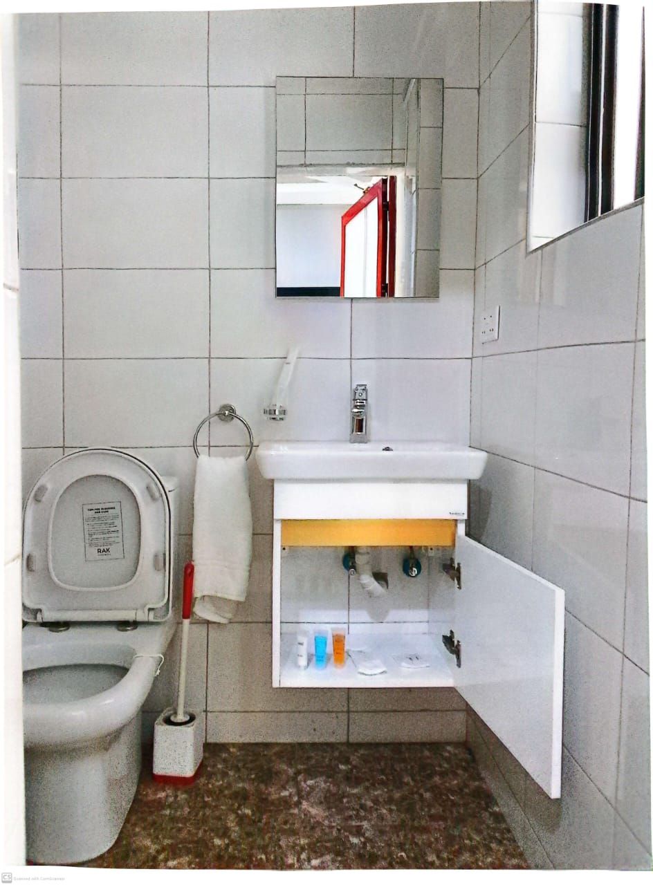 A bathroom with a toilet, sink, mirror, and storage cabinet.