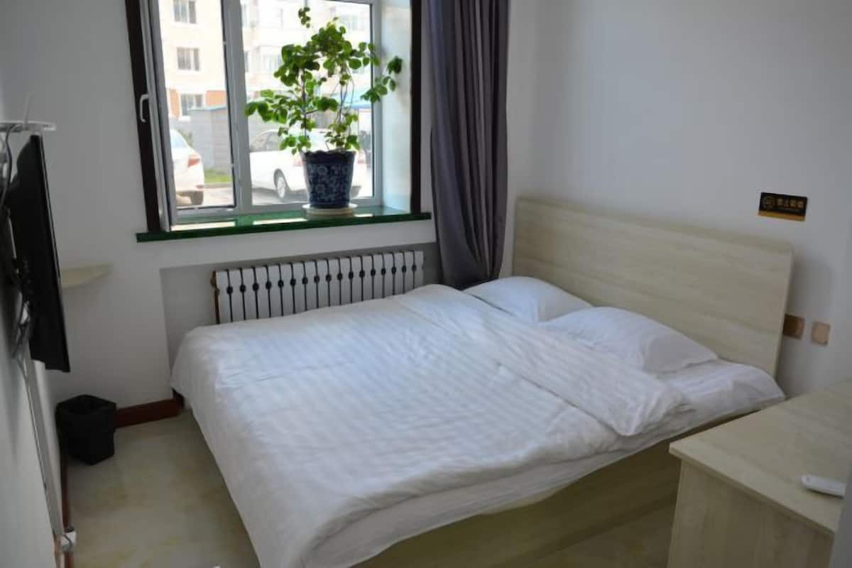 Una cama bien hecha con ropa blanca, una planta en maceta en el alféizar de la ventana y una mesita de noche con un control remoto.