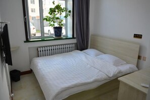 Cama bem arrumada com roupa de cama branca, um vaso de planta no parapeito da janela e uma pequena mesa de cabeceira com um controle remoto.