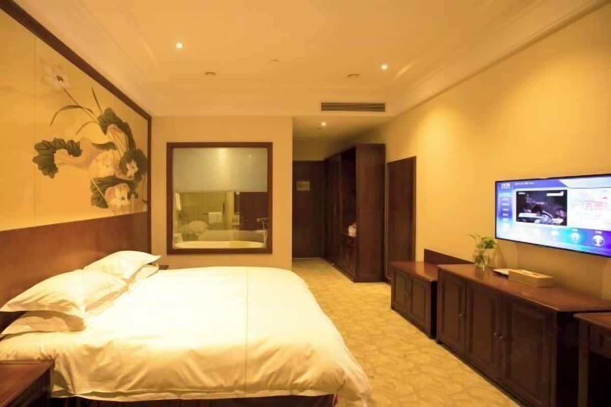 Une chambre d’hôtel comprenant un lit, une télévision, un miroir et un couloir menant à une salle de bain.