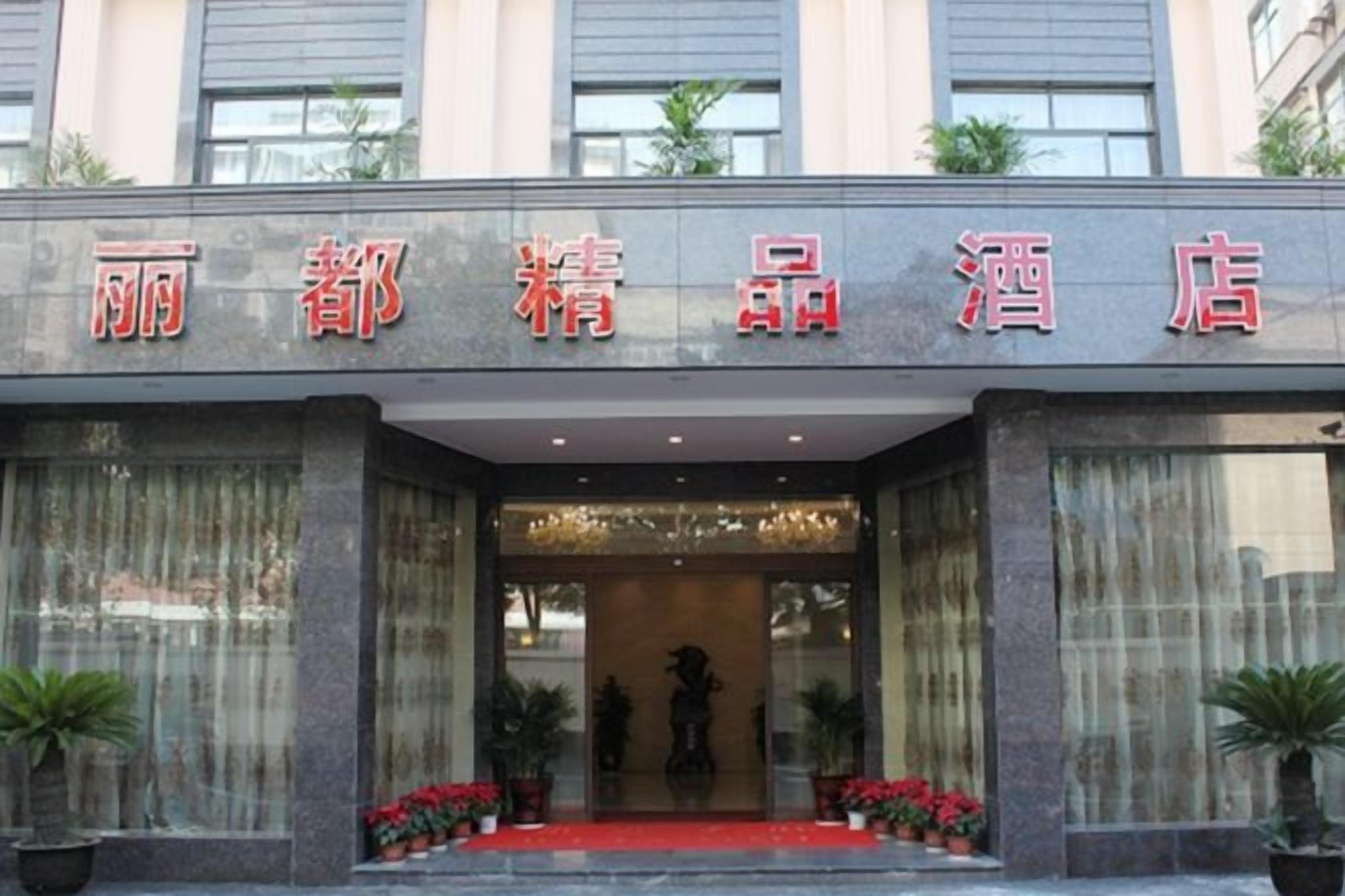 A hotel entrance with a red carpet, large windows, and potted plants.