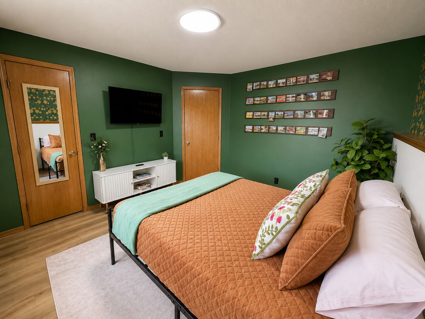 A bedroom with a bed, a TV, a white console, a plant, and a wall with pictures.