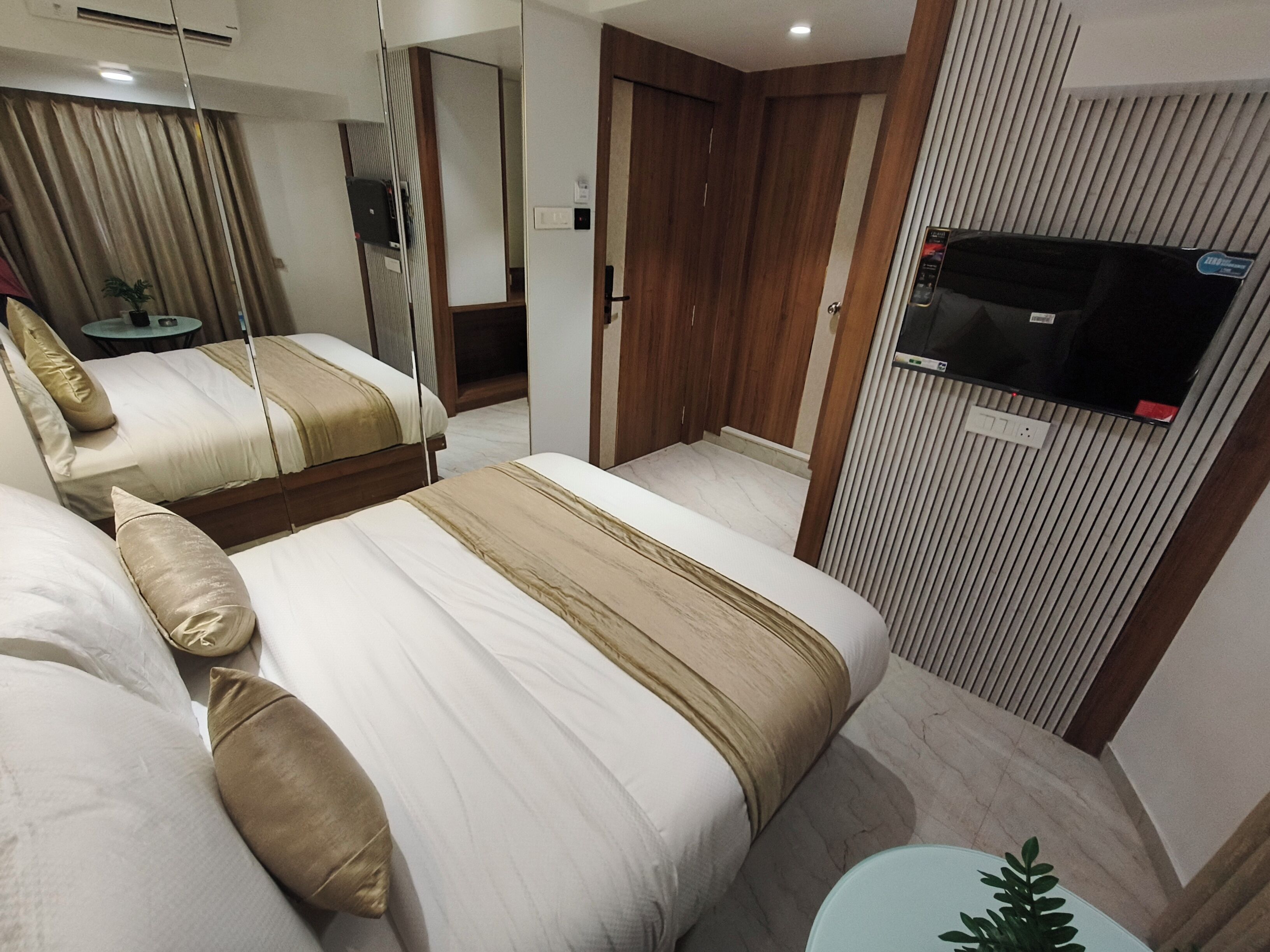 A hotel room with two beds, a TV mounted on the wall, a small table, and a potted plant.