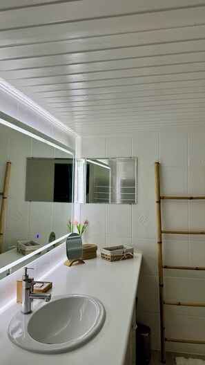 Dusche, Haartrockner, Handtücher, Toilettenpapier