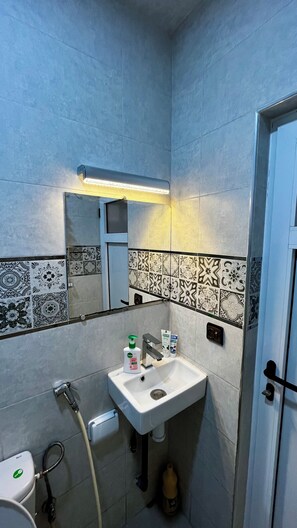 Hair dryer, towels, soap, toilet paper