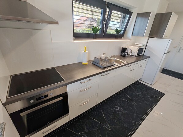 Frigorífico, microondas, horno y placa de cocina