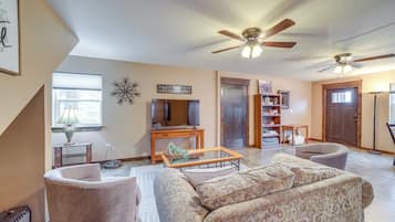 TV, DVD player, books, video library