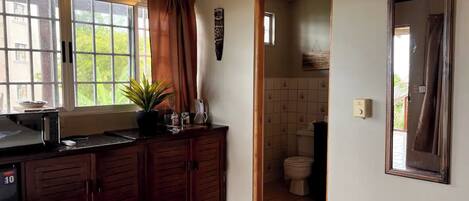 A compact kitchen with a window, a sink, cabinets, and a potted plant.