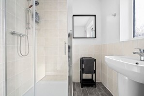 Shower, hair dryer, shampoo