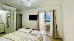 Un dormitorio con cama, televisor, luz en el techo, puerta de vidrio corrediza y vistas al exterior.