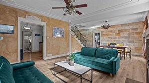 Smart TV, fireplace, table football, books