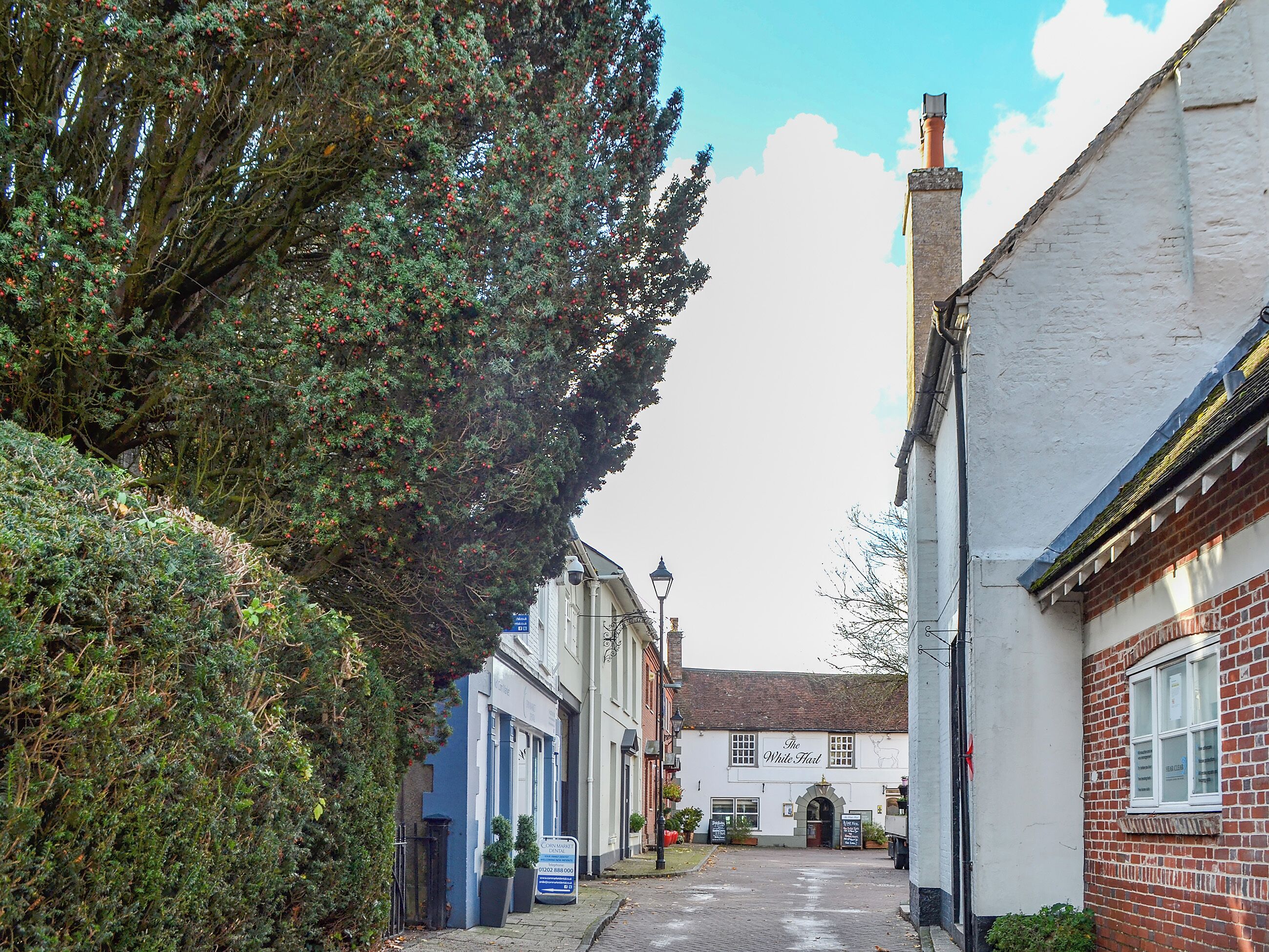 A narrow street with buildings on either side, including a pub named 'The White Hart' with a traditional facade and a signboard.
