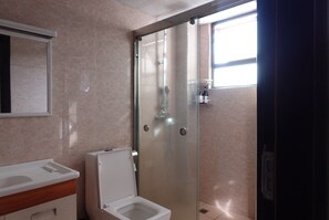 Douche, sèche-cheveux, serviettes fournies, savon
