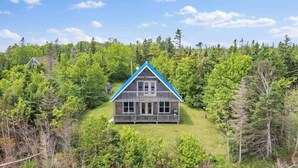 Une cabane dotée d’un toit à pignon, entourée d’une forêt dense.