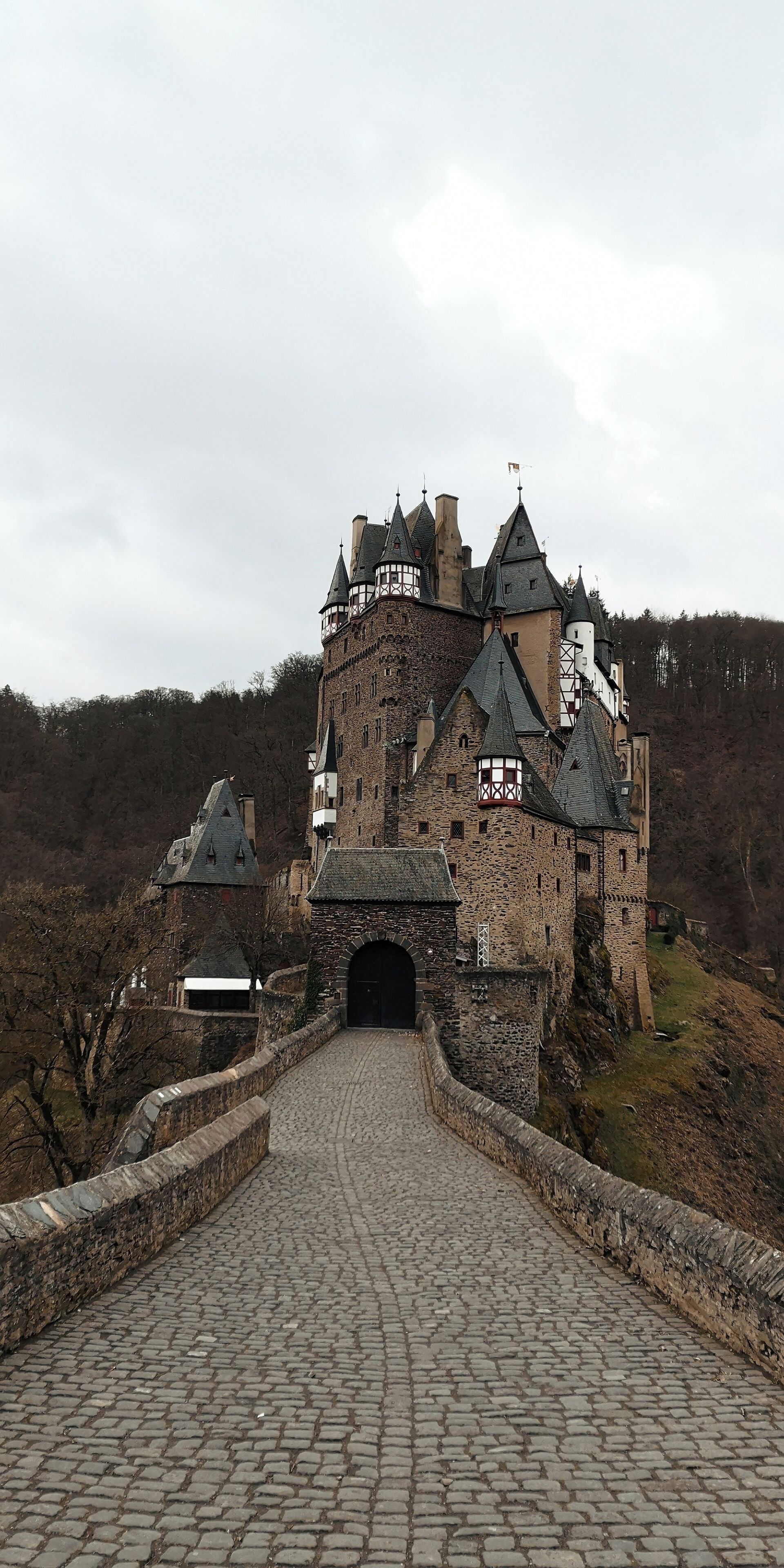 A historic stone castle with a cobblestone pathway leading to a large entrance.