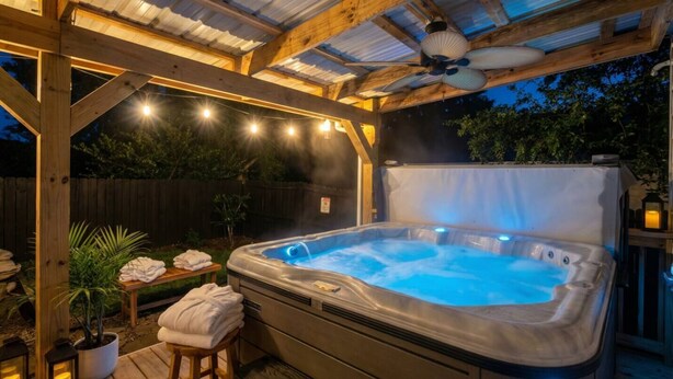 A hot tub under a wooden pergola with string lights, a ceiling fan, and a wooden deck with towels and a potted plant.