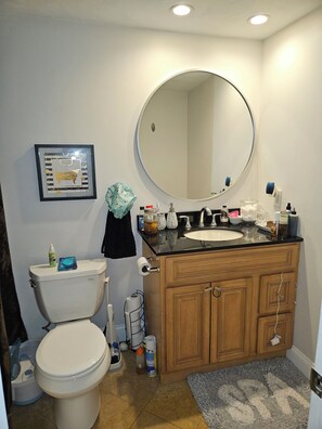 Hair dryer, towels, soap, toilet paper