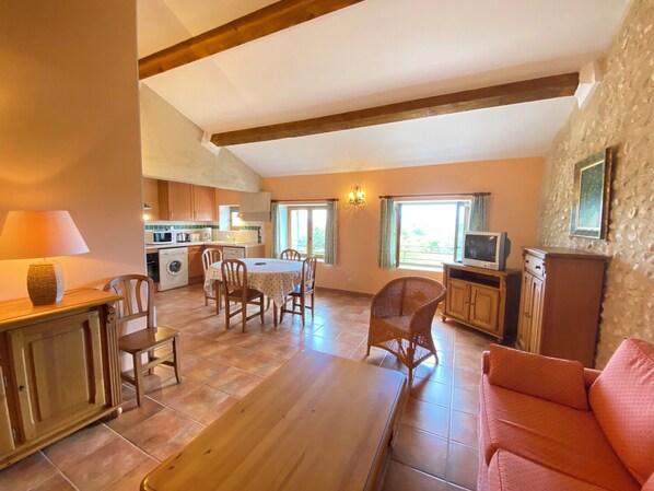A cozy living room with a sofa, a dining table with chairs, a kitchen area with a washing machine, and a television. - 04B8 : Beautiful T3 in the heart of lavender - pool (Brunet)