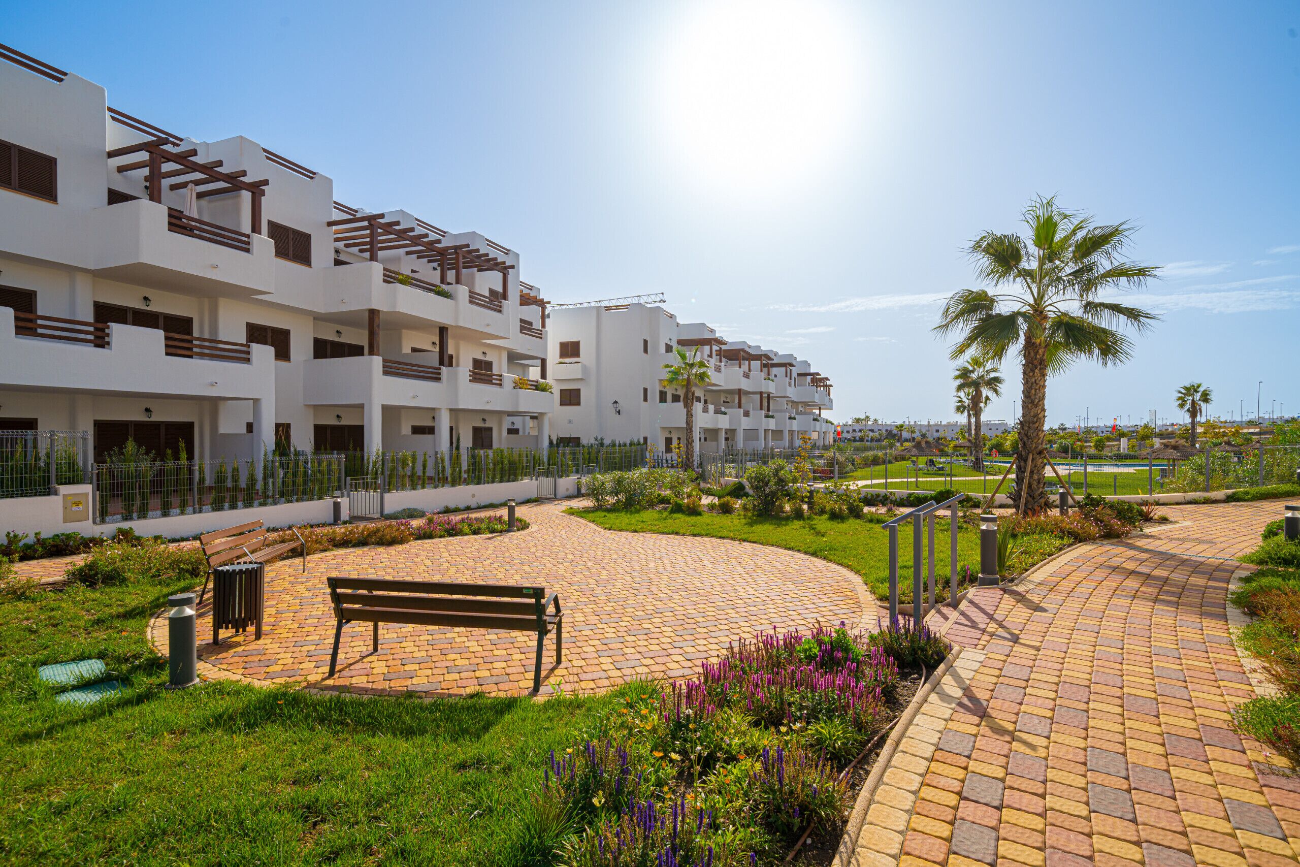A modern residential complex with a paved walkway, benches, and lush landscaping.