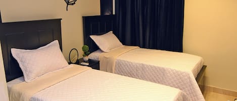 A hotel room with two beds, a nightstand with a mirror, a small plant, and an air conditioning unit.