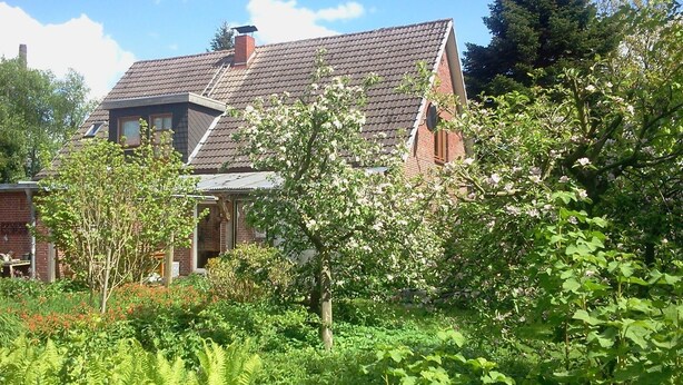A two-story house with a sloped roof, a brick chimney, and a small porch. - Green pearl vacation apartment (Nenndorf)