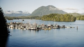 A marina with boats docked, surrounded by forested hills and a mountain in the background. - Island Vista - Waterfront Condo (Tofino)