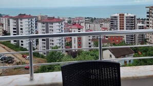 En balkong med utsikt över stadsbilden och havet.
