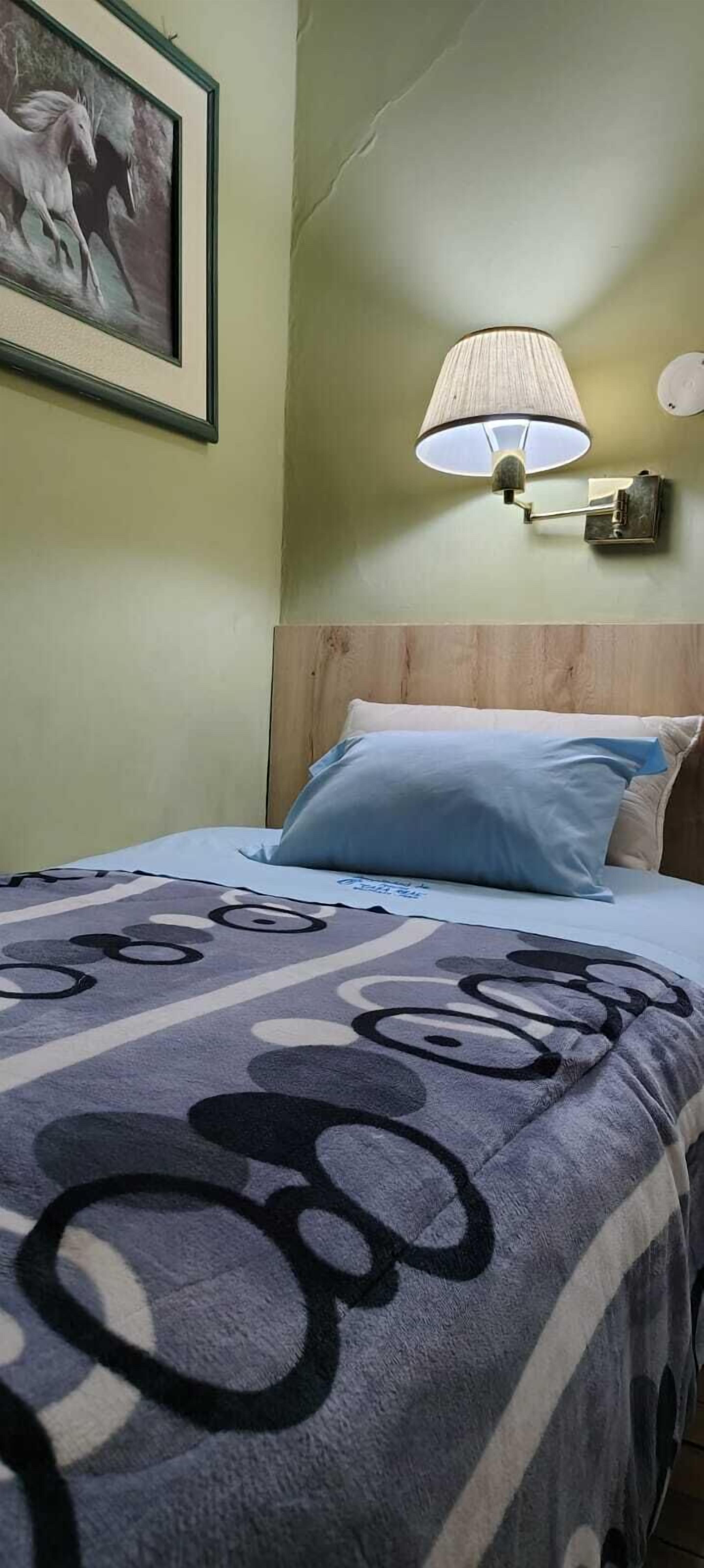 Una cama con un edredón estampado, una lámpara de pared y un cuadro con caballos.