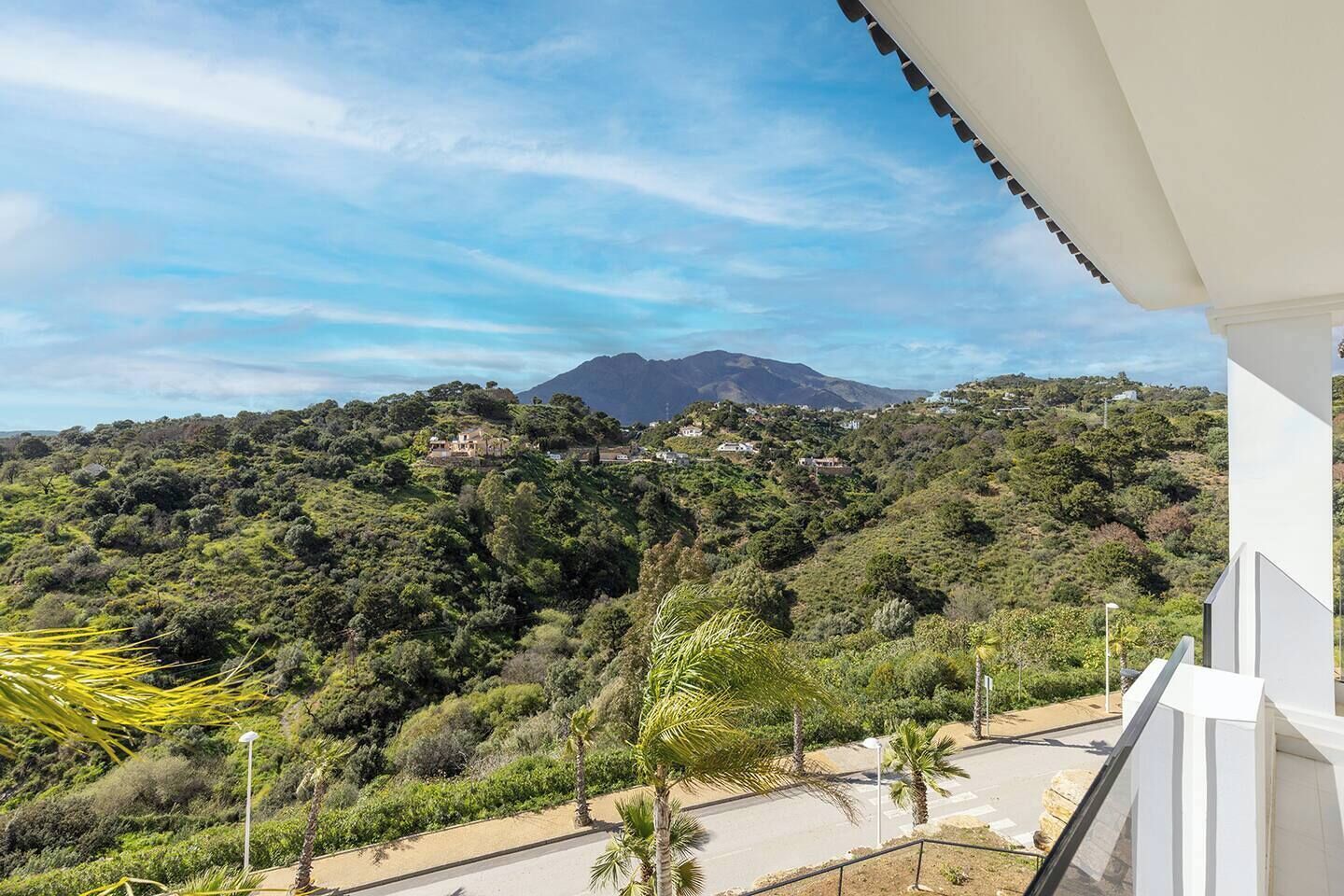 A balcony with a view of a mountainous landscape and a road with palm trees.