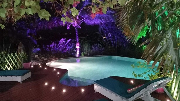 A pool area with a curved edge, surrounded by greenery and a thatched structure. - Spacious Beagwada villa ideal for vacations with family or friends. (Saint-François)
