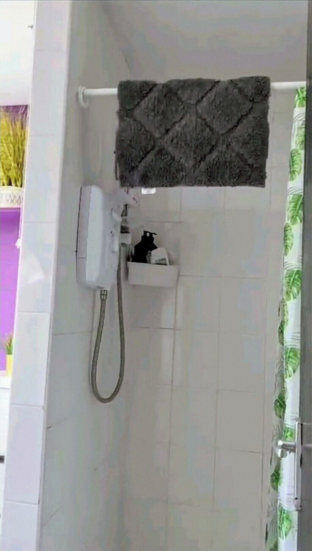 Shower, hair dryer, towels, toilet paper