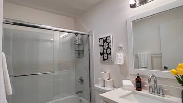 Hair dryer, towels, soap, toilet paper