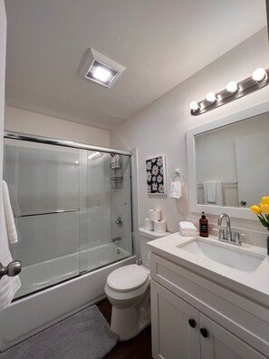 Hair dryer, towels, soap, toilet paper