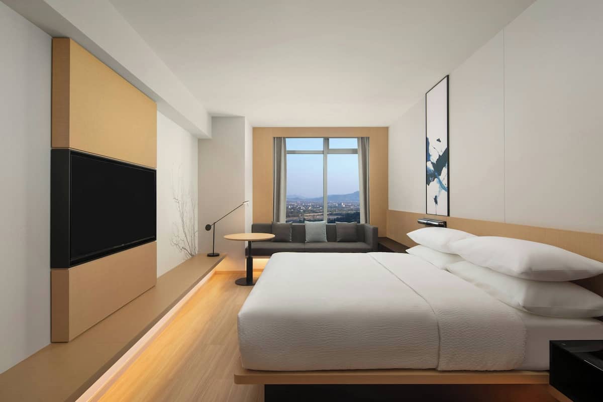 A modern hotel room with a large bed, a TV, a sofa, and a city view.
