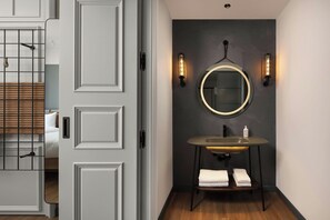 Shower, hydromassage showerhead, eco-friendly toiletries, hair dryer