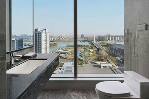 Shower, rainfall showerhead, hair dryer, bathrobes