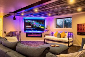Smart TV, fireplace, video games, offices