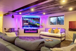 Smart TV, fireplace, video games, offices