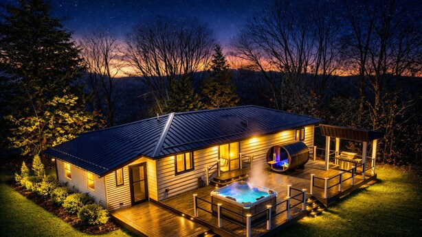 Ein modernes Haus mit Whirlpool, Terrasse und Blick auf den Nachthimmel.