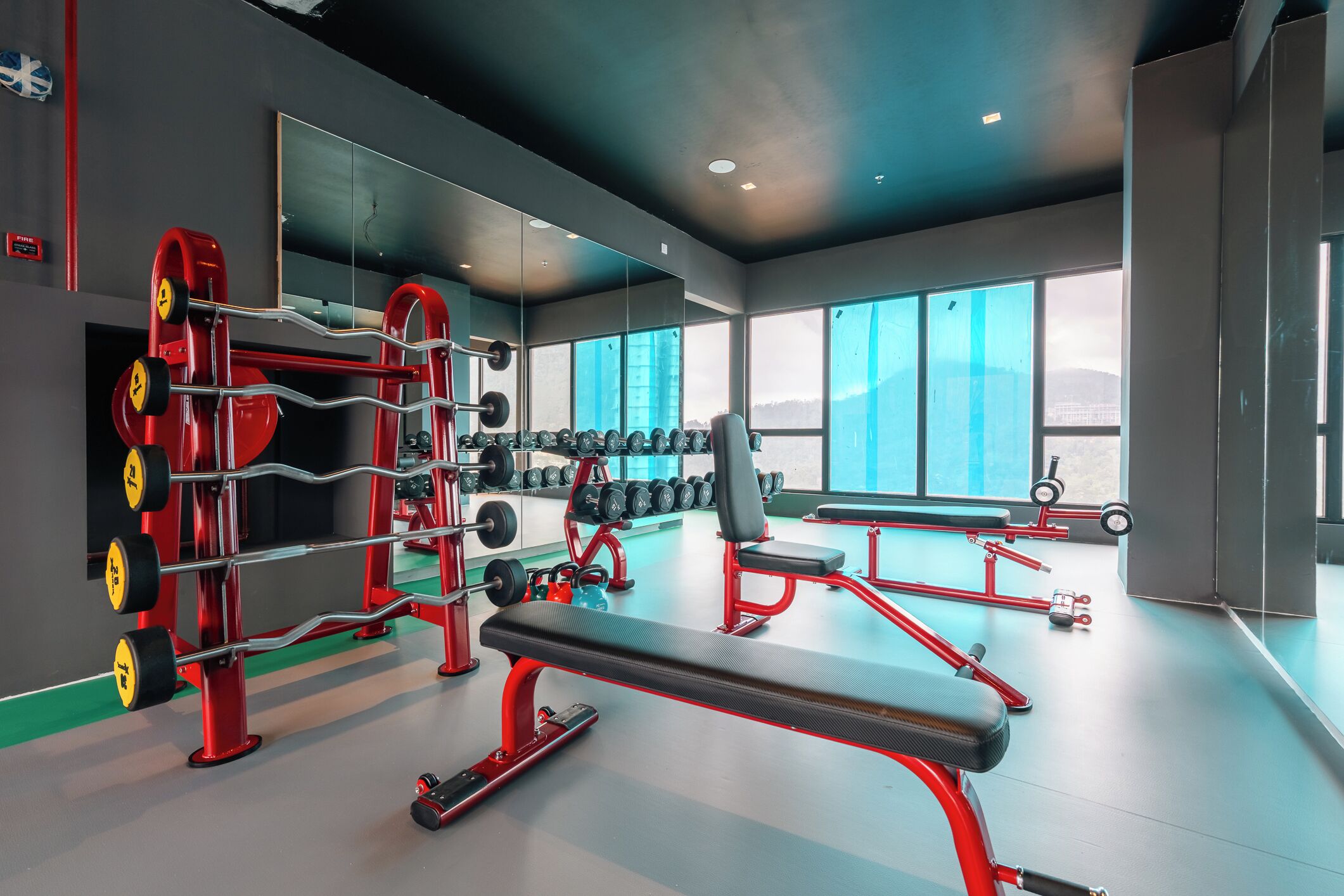 A modern gym with weightlifting equipment, a bench, and large windows offering a view of the outdoors.