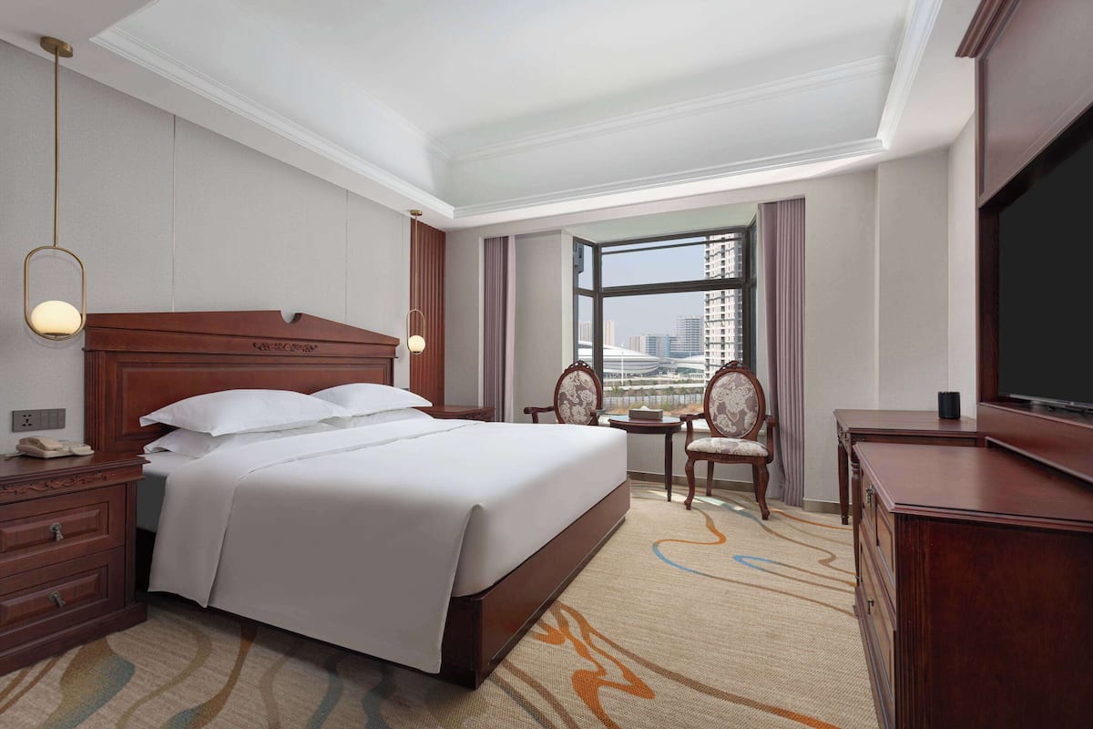 A hotel room with a large bed, a desk, a chair, a TV, and a window with a city view.