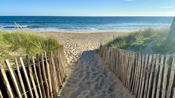 Ein sandiger Küstenweg führt zum Meer, begrenzt von Holzzäunen und grasbewachsenen Dünen.