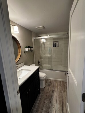 Hair dryer, towels, soap, shampoo