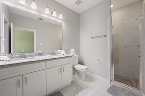 Hair dryer, towels, soap, toilet paper