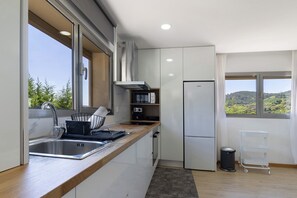 Fridge, microwave, oven, coffee/tea maker