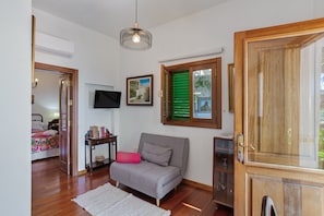 A room with a grey sofa, a television, a wooden cabinet, and a door with a green shutter.