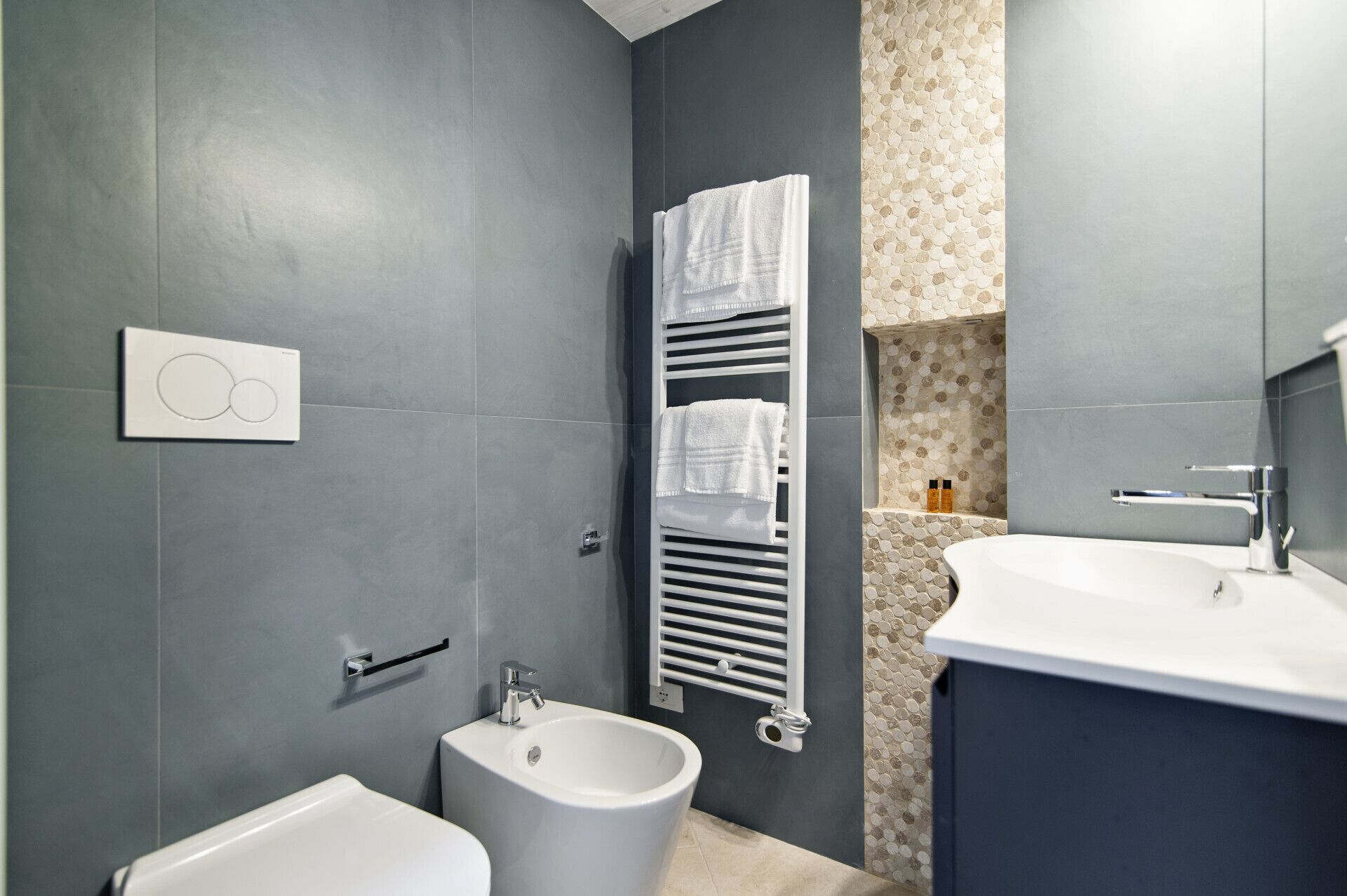 Een moderne badkamer met een bidet, een handdoekrek met twee handdoeken, een wastafel en een spiegel.
