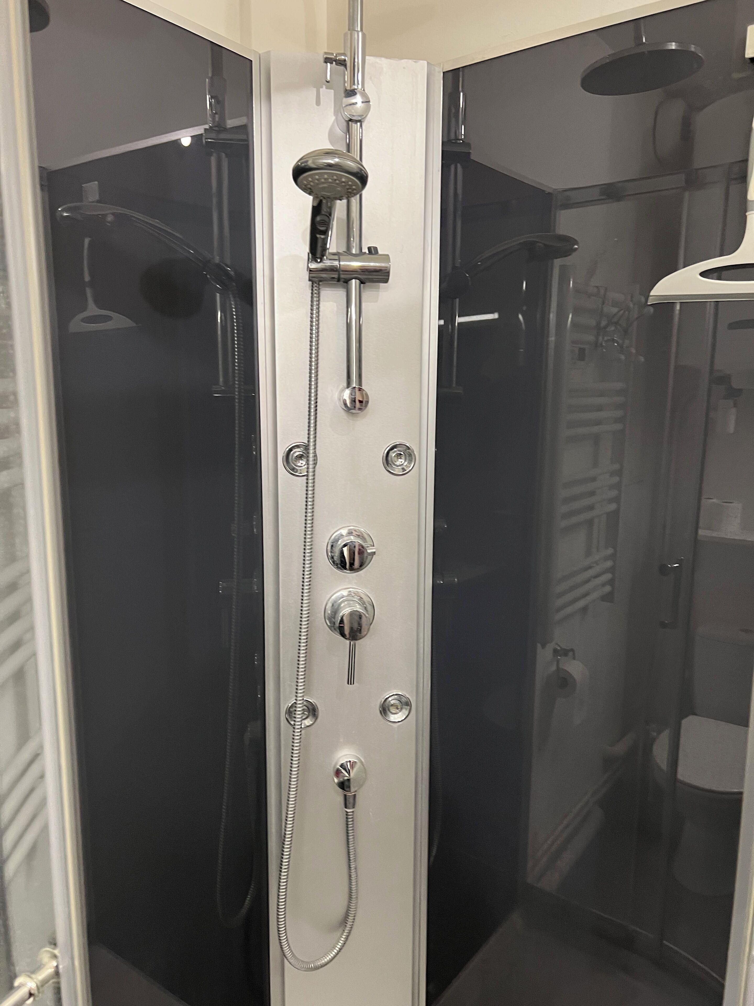 Une cabine de douche moderne dotée d’un pommeau de douche à main, d’un pommeau de douche fixe et d’un panneau de commande avec plusieurs boutons.