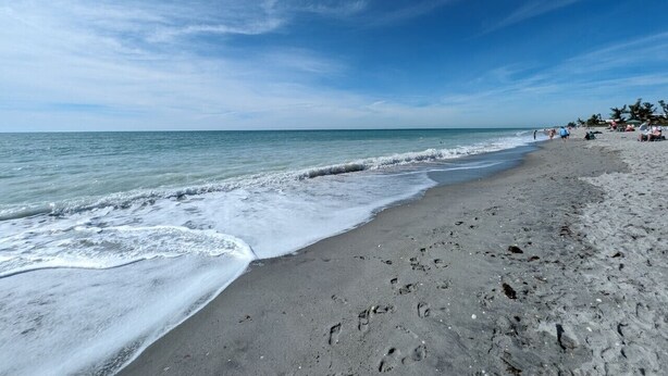 Una playa con cielo despejado, mar tranquilo e huellas en la arena.